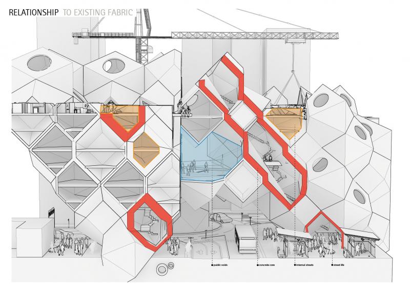 The vertical section is explaining how the design fits into dense urban fabric and creates new programmatic functions (in blue colour) above street level. Highlighted in red are the concrete core circulation shafts that are used as anchors for the attaching steel pods.